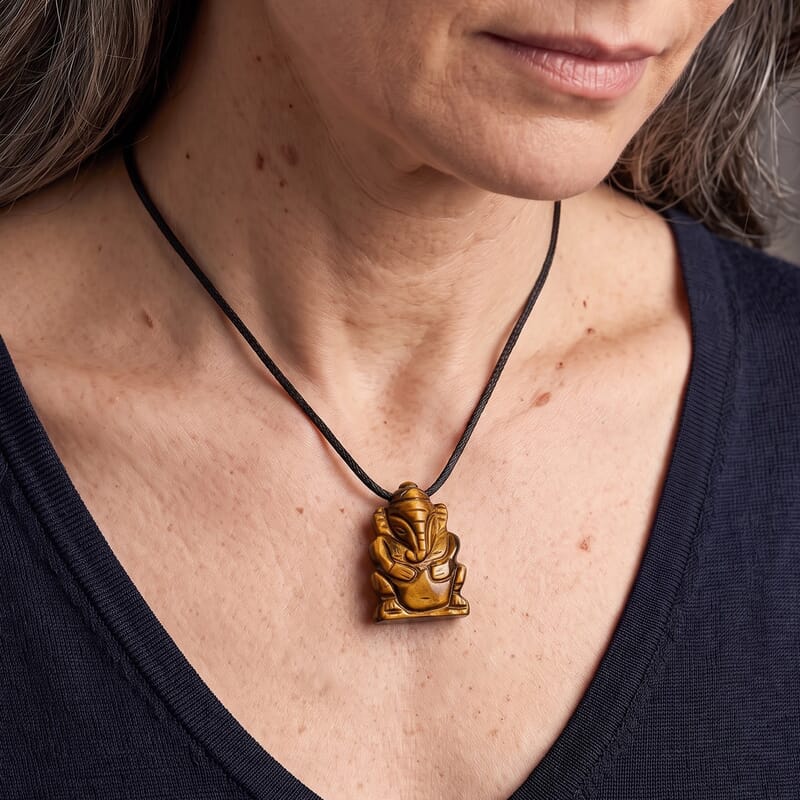 Tiger's Eye 109.00 ctw Carved Ganesha Necklace (16-19 Inches) in Silvertone