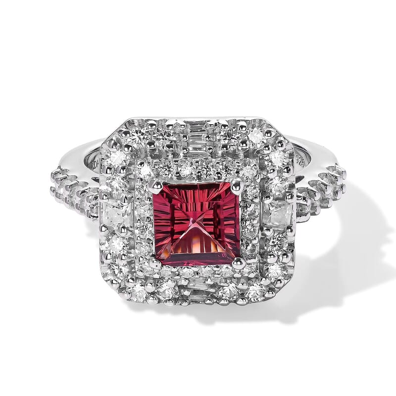 D'Joy Concave Cut Premium Tanzanian Raspberry Garnet, Moissanite Ring in Rhodium Over Sterling Silver (Size 5.0) 2.25 ctw