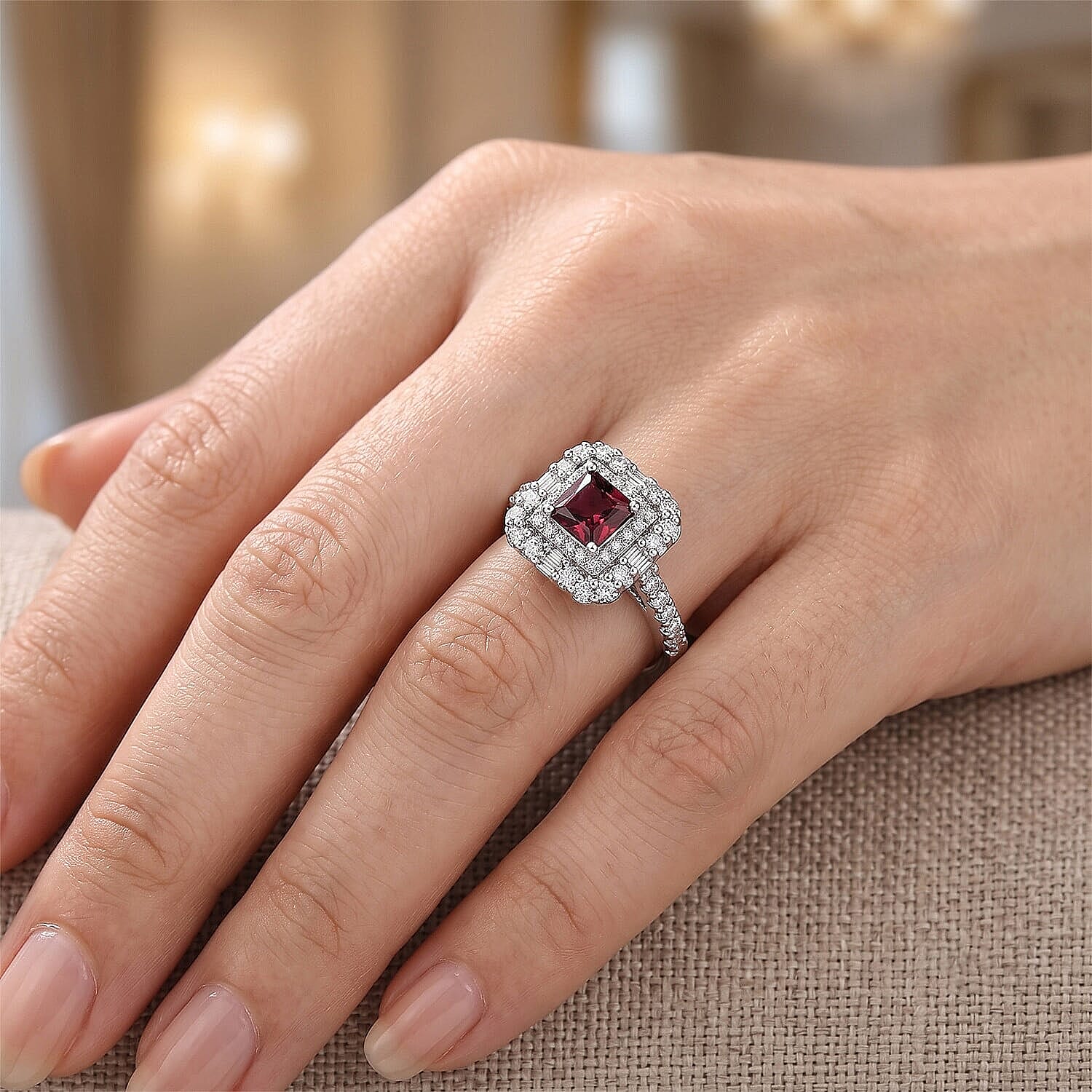 D'Joy Concave Cut Premium Tanzanian Raspberry Garnet, Moissanite Ring in Rhodium Over Sterling Silver (Size 5.0) 2.25 ctw