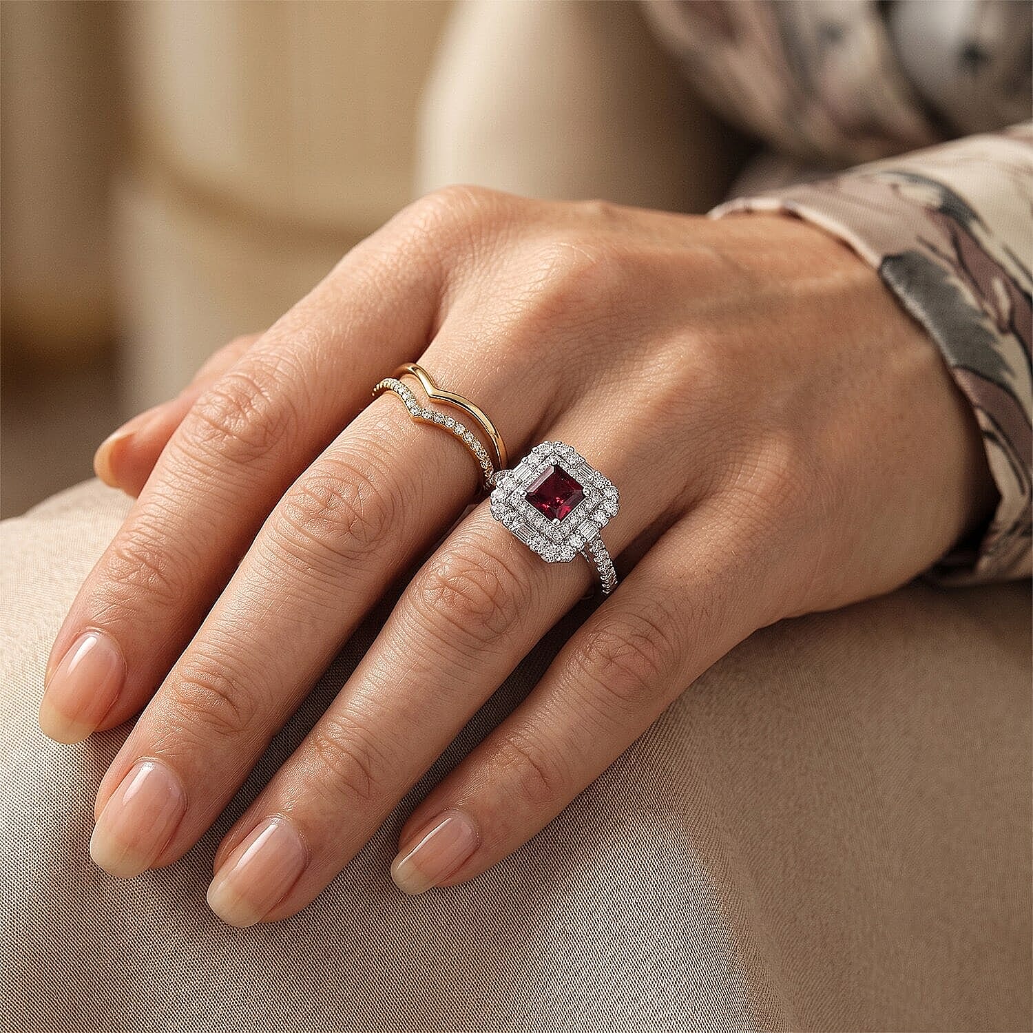 D'Joy Concave Cut Premium Tanzanian Raspberry Garnet, Moissanite Ring in Rhodium Over Sterling Silver (Size 5.0) 2.25 ctw