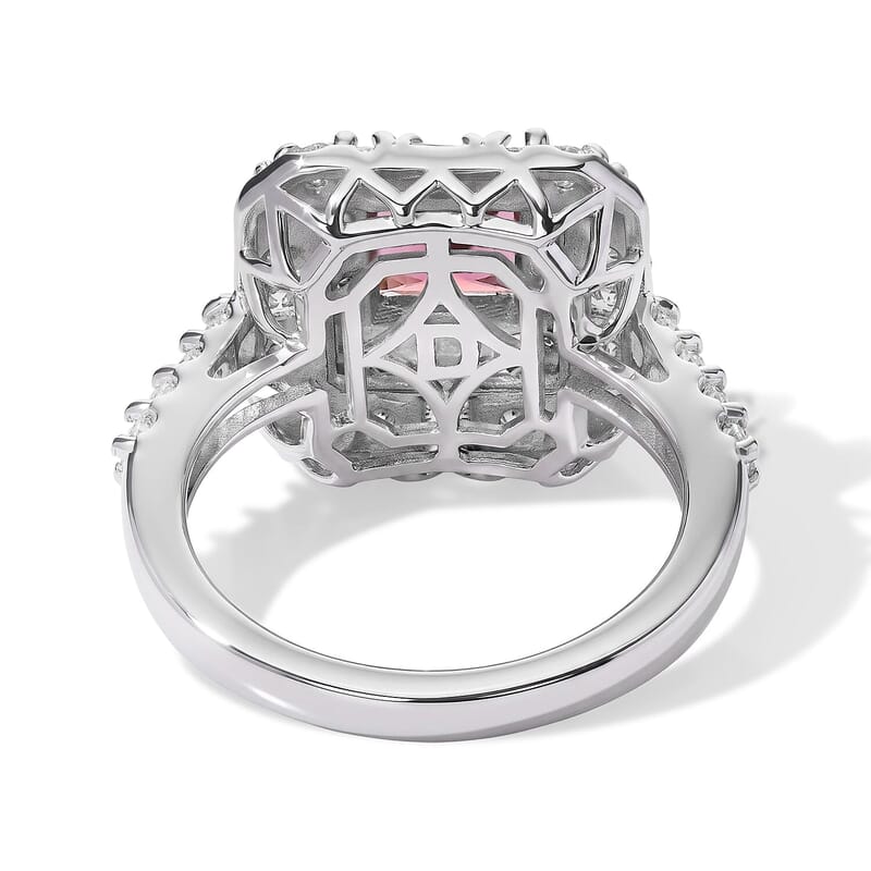 D'Joy Concave Cut Premium Tanzanian Raspberry Garnet, Moissanite Ring in Rhodium Over Sterling Silver (Size 5.0) 2.25 ctw