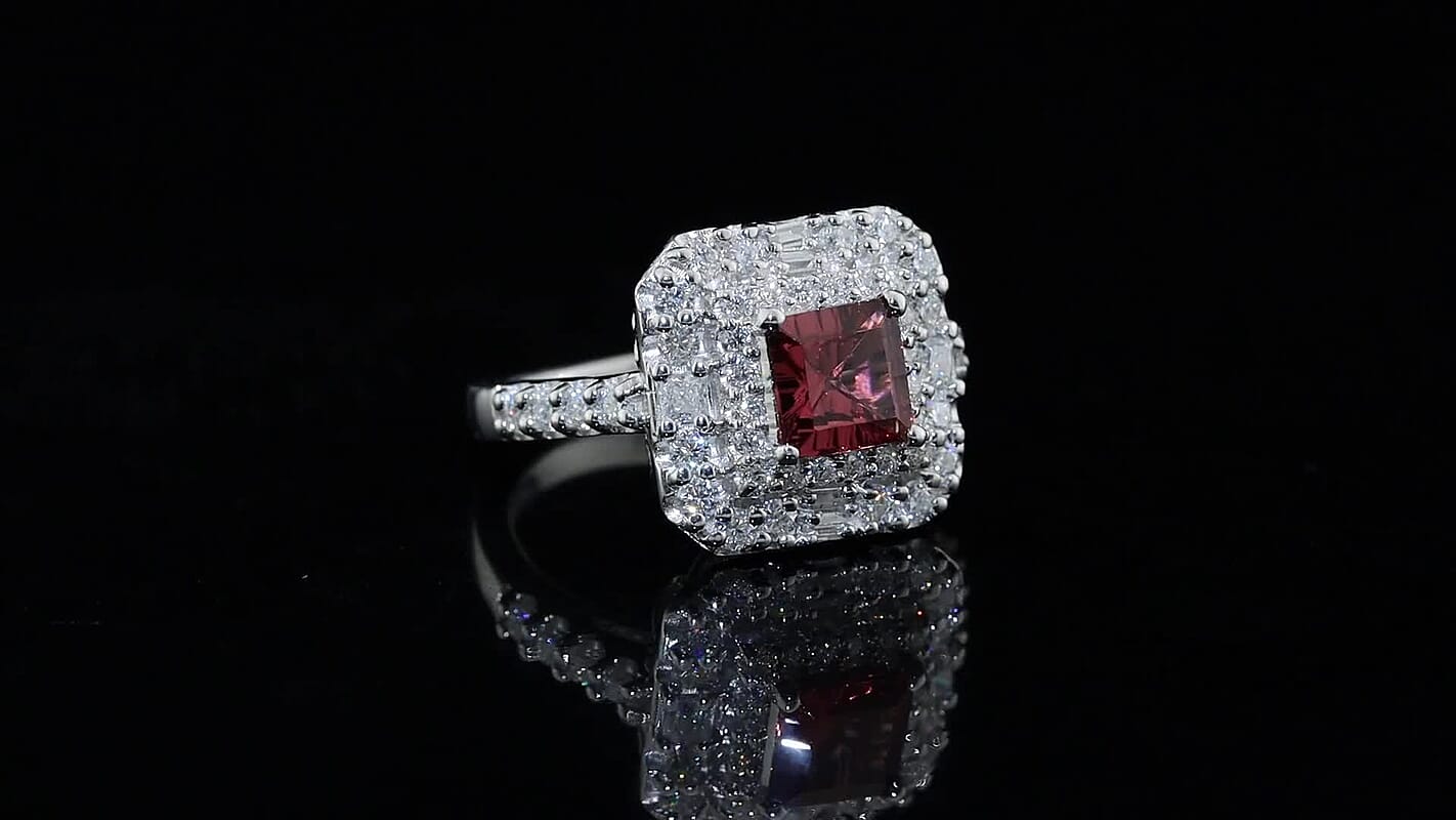D''Joy Concave Cut Premium Tanzanian Raspberry Garnet, Moissanite Ring in Rhodium Over Sterling Silver (Size 10.0) 2.25 ctw