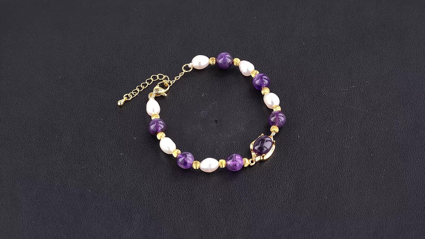 White Freshwater Pearl, African Amethyst 30.00 ctw Beaded Bracelet in Goldtone (7-9In)