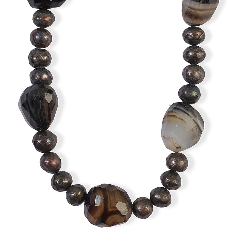 EverTrue Black Lace Agate and Pearl (D) 185.00 ctw Necklace (18 Inches) in Platinum Bond