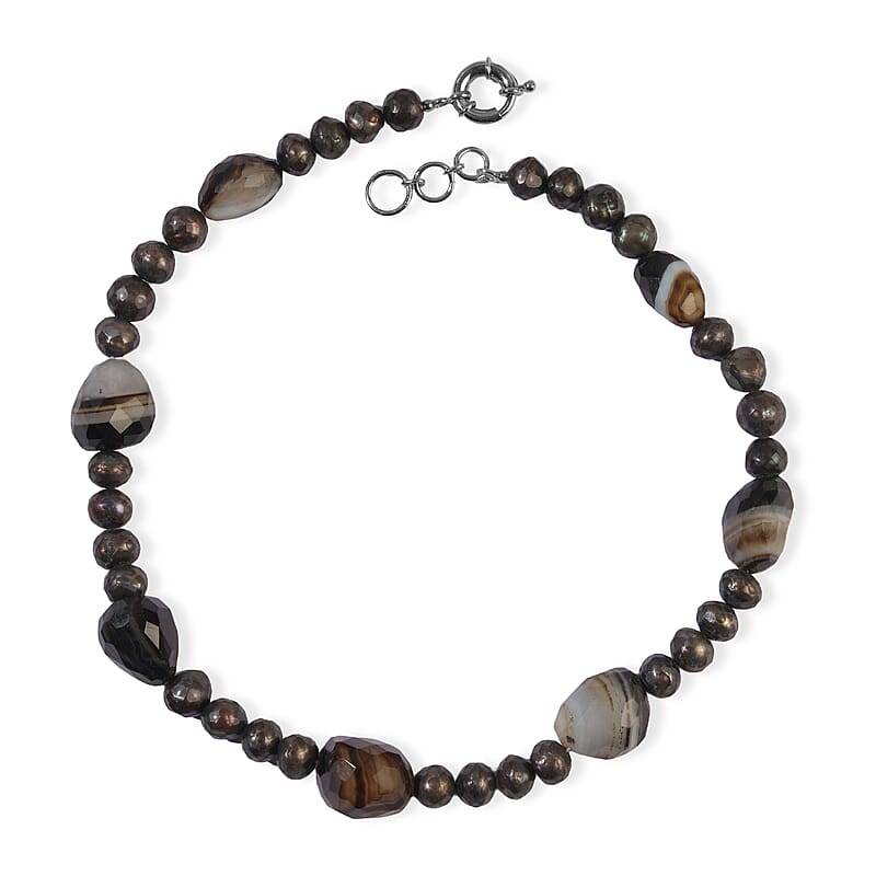 EverTrue Black Lace Agate and Pearl (D) 185.00 ctw Necklace (18 Inches) in Platinum Bond