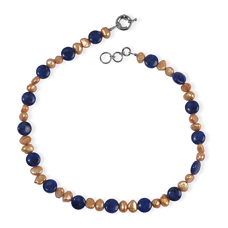EverTrue Blue Jasper and Yellow Pearl (D) 105.00 ctw Necklace (18 Inches) in Platinum Bond