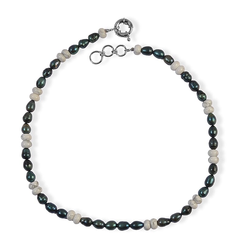 EverTrue White Howlite and Dark Green Pearl (D) 35.00 ctw Necklace (18 Inches) in Platinum Bond