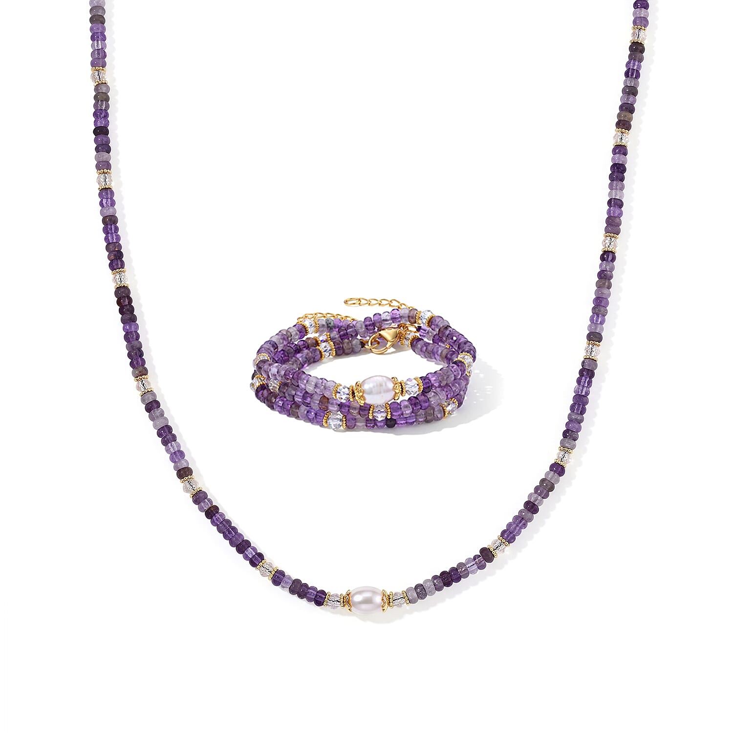 White Freshwater Pearl, African Amethyst and White Crystal Quartz 50.00 ctw Beaded Necklace in Goldtone (18-22Inches)
