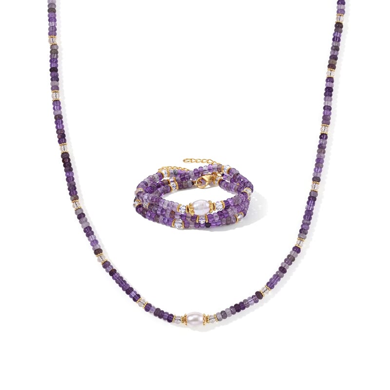 White Freshwater Pearl, African Amethyst and White Crystal Quartz 50.00 ctw Beaded Necklace in Goldtone (18-22Inches)