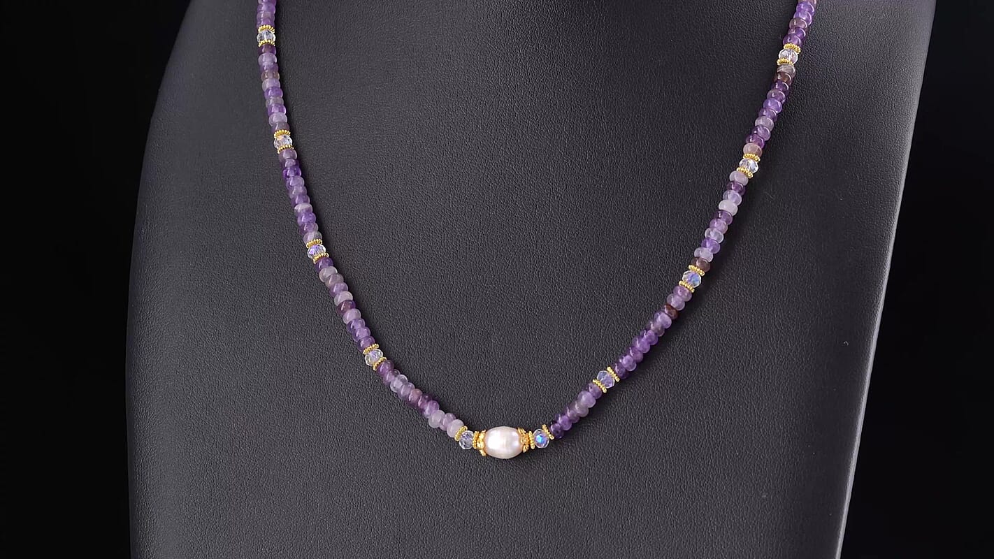 White Freshwater Pearl, African Amethyst and White Crystal Quartz 50.00 ctw Beaded Necklace in Goldtone (18-22Inches)