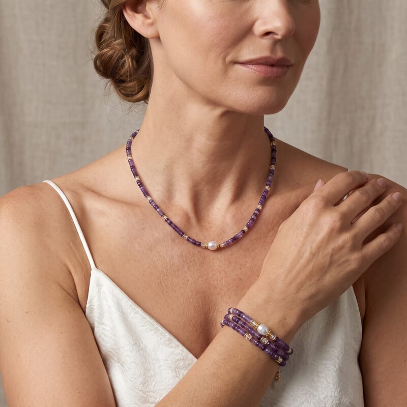 White Freshwater Pearl, African Amethyst and White Crystal Quartz 50.00 ctw Beaded Necklace in Goldtone (18-22Inches)