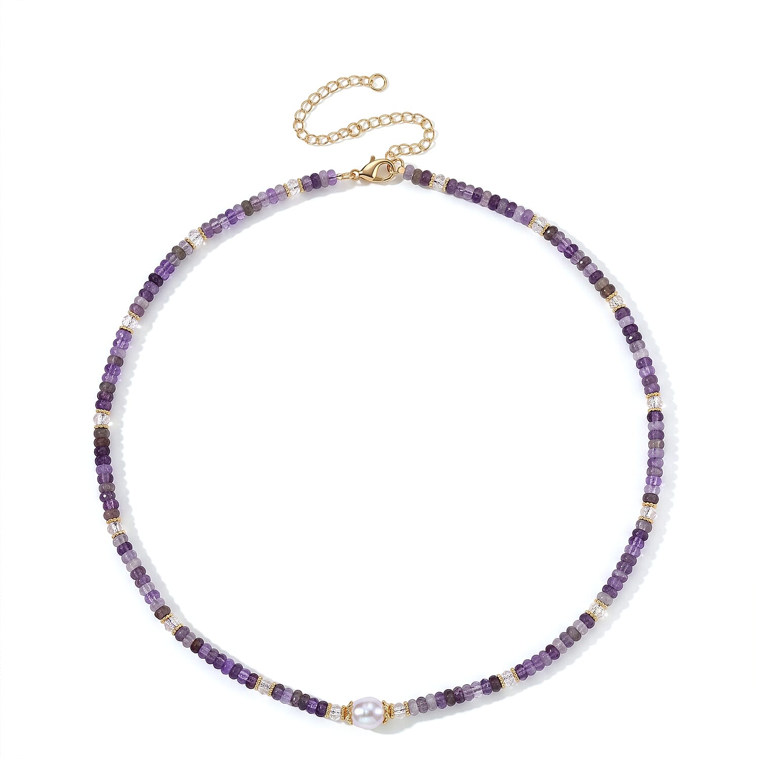 White Freshwater Pearl, African Amethyst and White Crystal Quartz 50.00 ctw Beaded Necklace in Goldtone (18-22Inches)