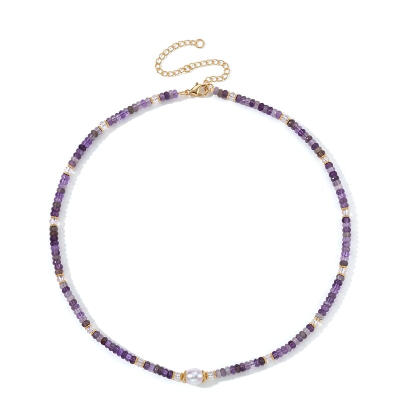 White Freshwater Pearl, African Amethyst and White Crystal Quartz 50.00 ctw Beaded Necklace in Goldtone (18-22Inches)