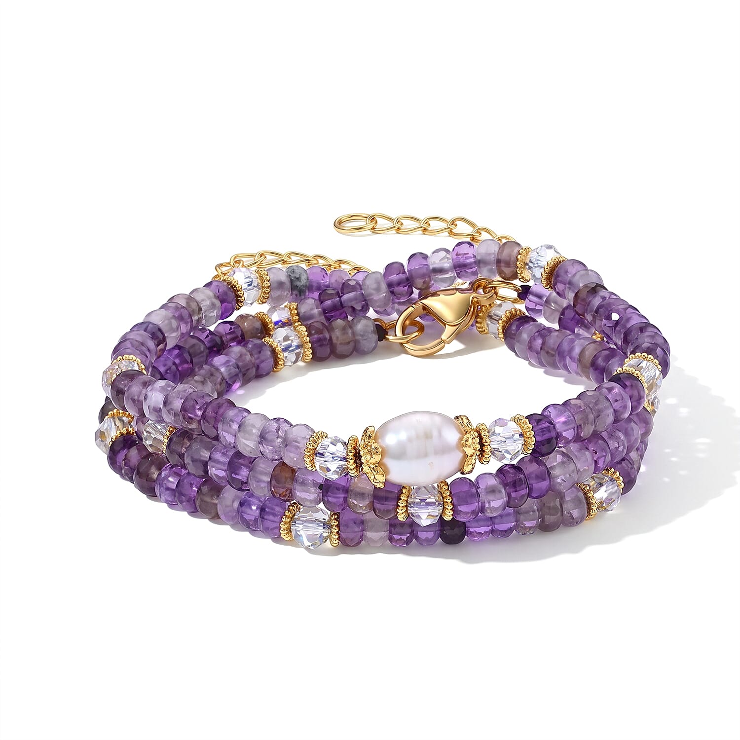 White Freshwater Pearl, African Amethyst and White Crystal Quartz 50.00 ctw Beaded Necklace in Goldtone (18-22Inches)