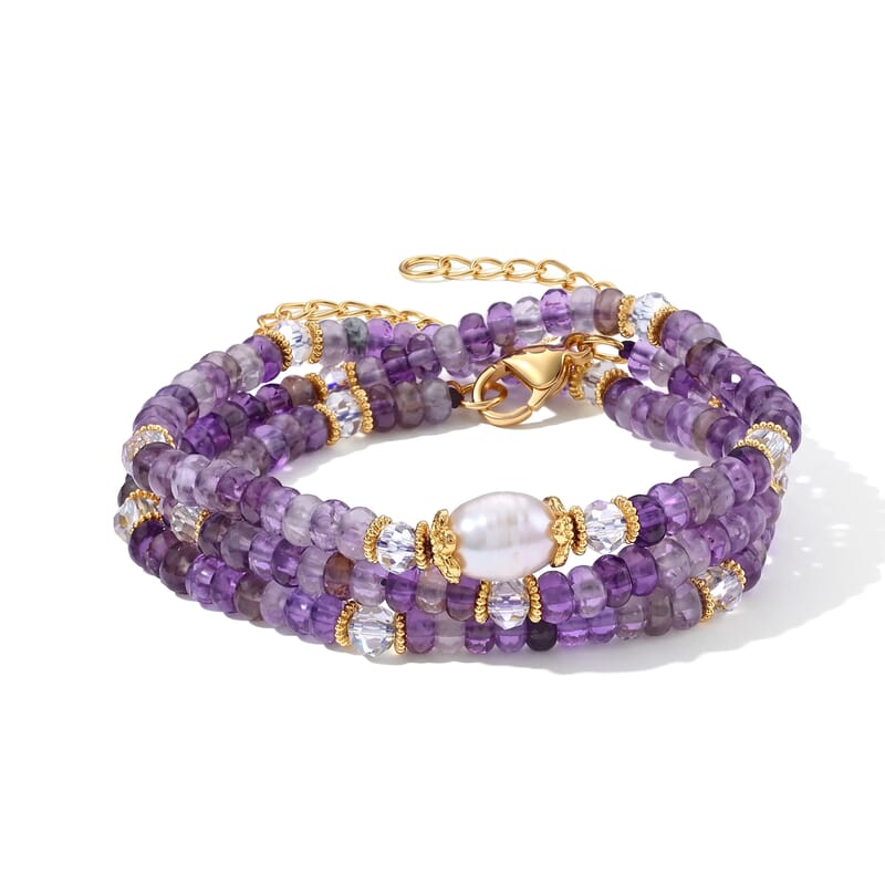 White Freshwater Pearl, African Amethyst and White Crystal Quartz 50.00 ctw Beaded Necklace in Goldtone (18-22Inches)