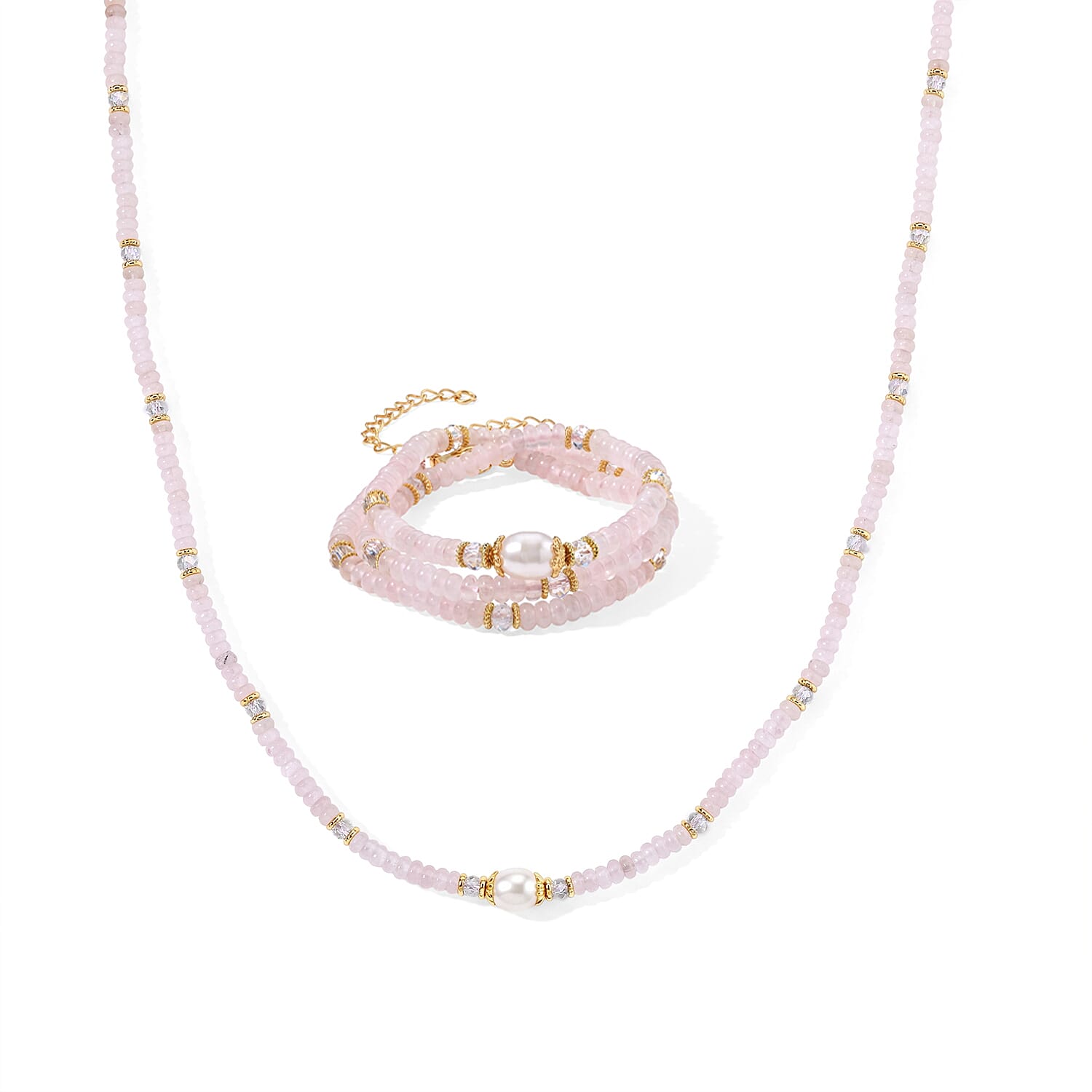 White Freshwater Pearl, Rose Quartz and White Crystal Quartz 50.00 ctw Beaded Necklace in Goldtone (18-22Inches)