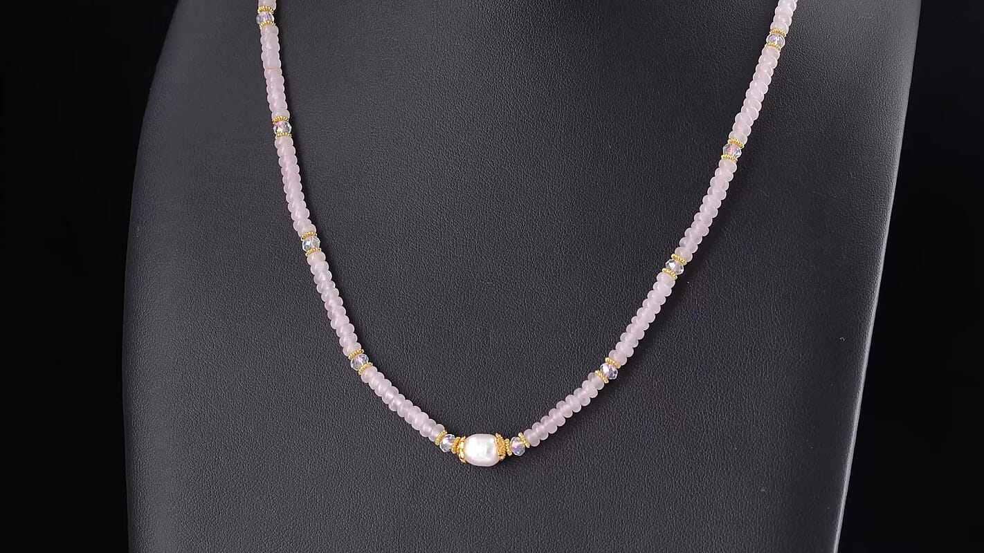 White Freshwater Pearl, Rose Quartz and White Crystal Quartz 50.00 ctw Beaded Necklace in Goldtone (18-22Inches)