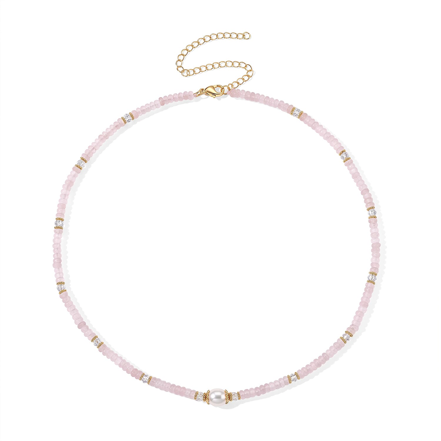 White Freshwater Pearl, Rose Quartz and White Crystal Quartz 50.00 ctw Beaded Necklace in Goldtone (18-22Inches)