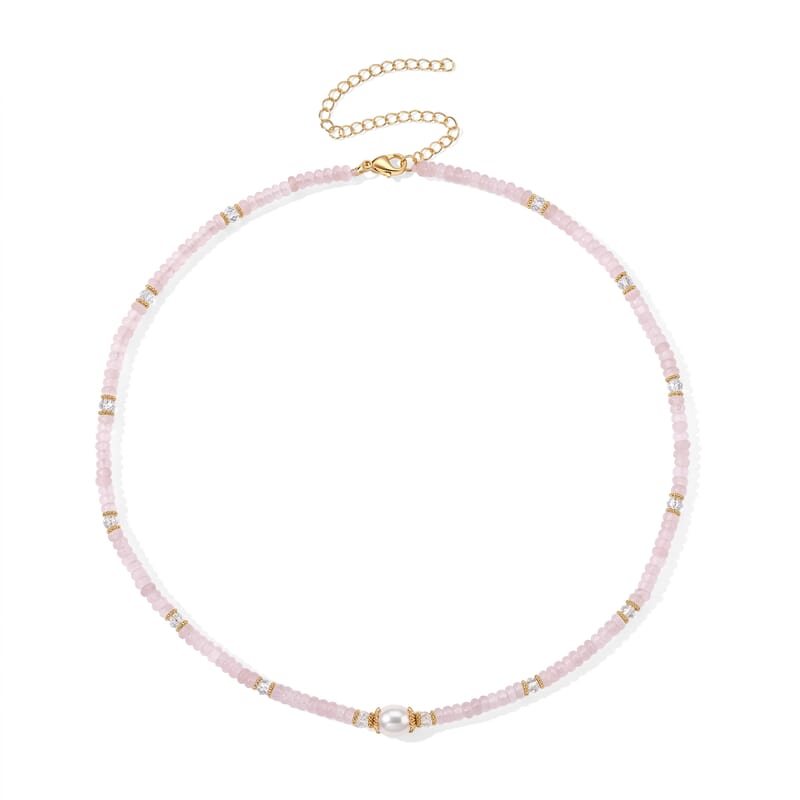 White Freshwater Pearl, Rose Quartz and White Crystal Quartz 50.00 ctw Beaded Necklace in Goldtone (18-22Inches)