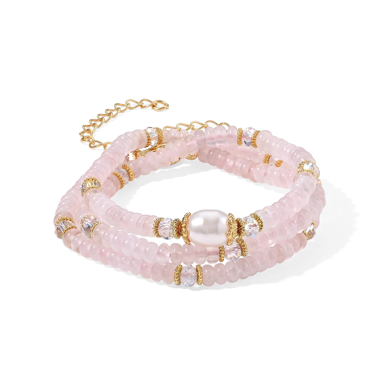 White Freshwater Pearl, Rose Quartz and White Crystal Quartz 50.00 ctw Beaded Necklace in Goldtone (18-22Inches)