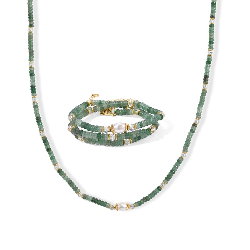 White Freshwater Pearl, Green Aventurine and White Crystal Quartz 50.00 ctw Beaded Necklace in Goldtone (18-22Inches)