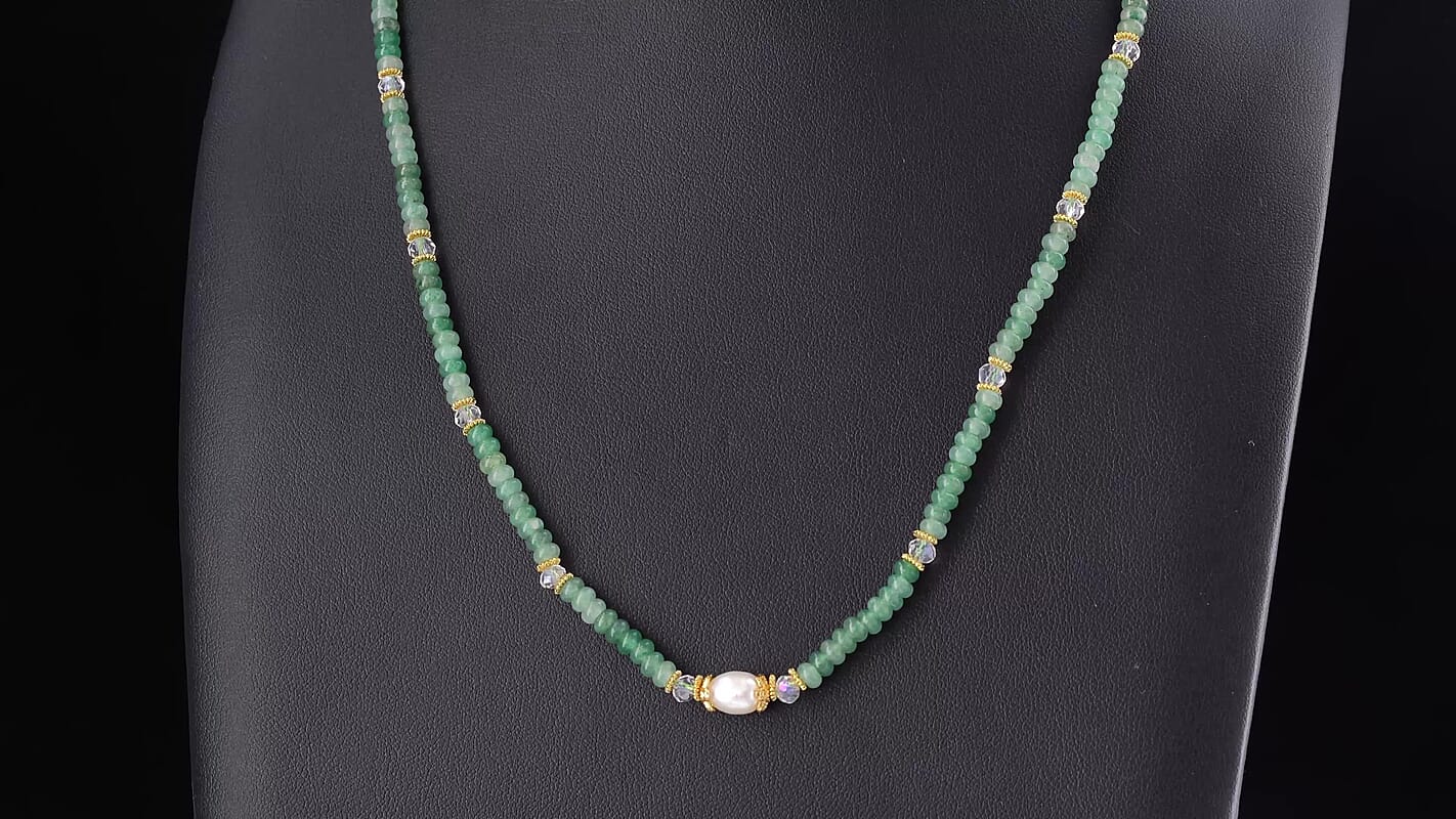 White Freshwater Pearl, Green Aventurine and White Crystal Quartz 50.00 ctw Beaded Necklace in Goldtone (18-22Inches)