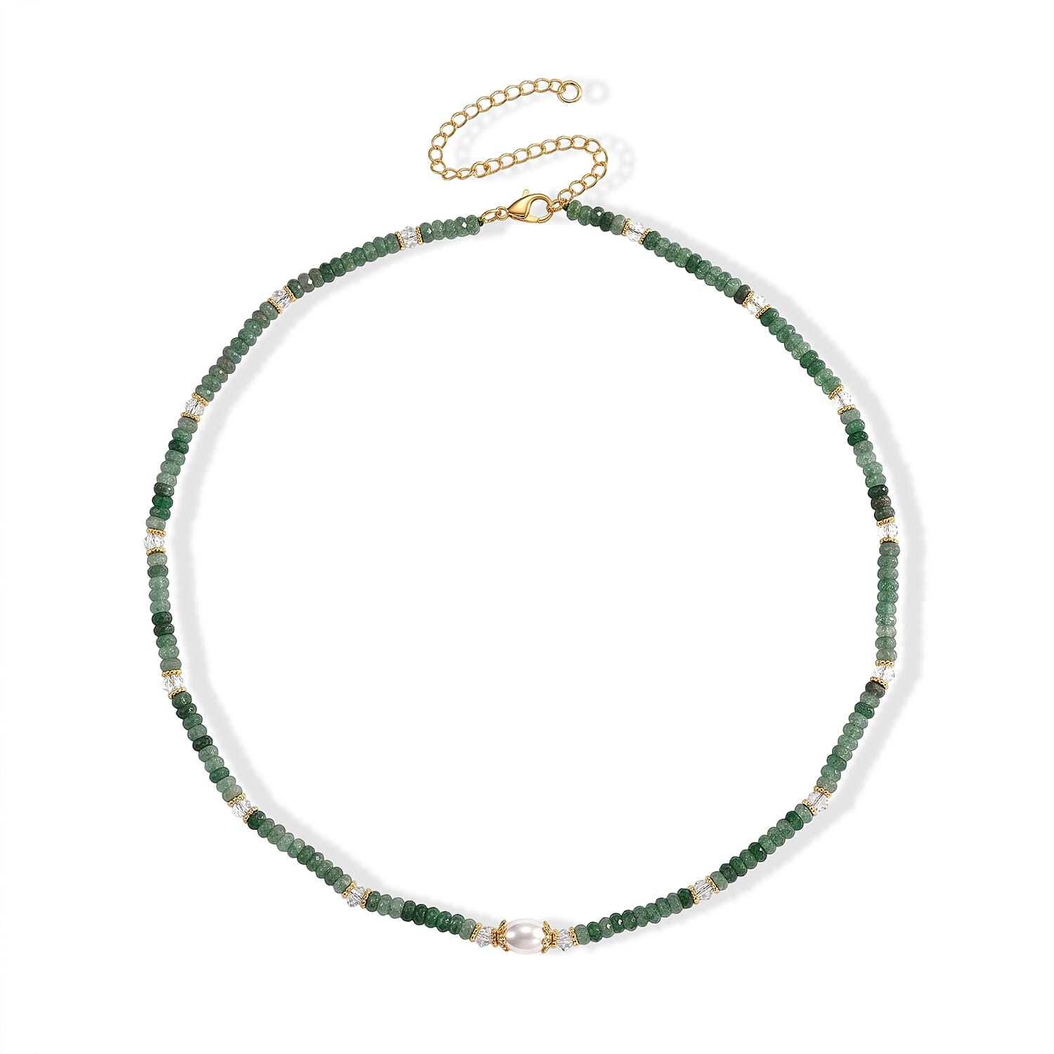 White Freshwater Pearl, Green Aventurine and White Crystal Quartz 50.00 ctw Beaded Necklace in Goldtone (18-22Inches)