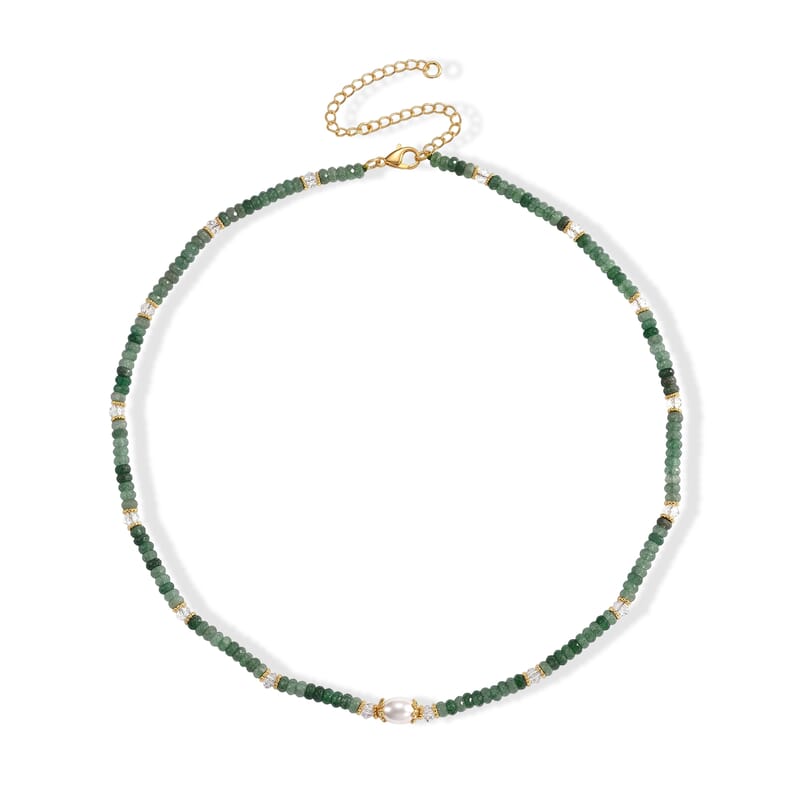 White Freshwater Pearl, Green Aventurine and White Crystal Quartz 50.00 ctw Beaded Necklace in Goldtone (18-22Inches)