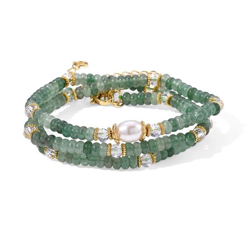 White Freshwater Pearl, Green Aventurine and White Crystal Quartz 50.00 ctw Beaded Necklace in Goldtone (18-22Inches)