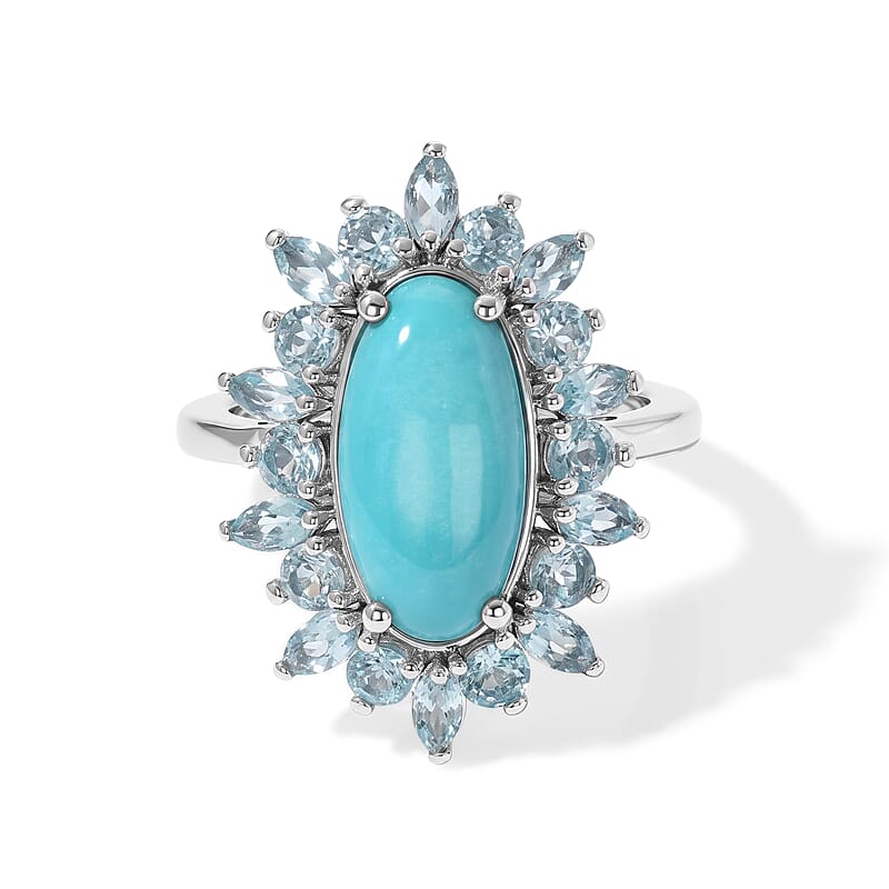 D'Joy Sonoran Turquoise and Lagoon Apatite 4.75 ctw Ring in Rhodium Over Sterling Silver (Size 10.0)
