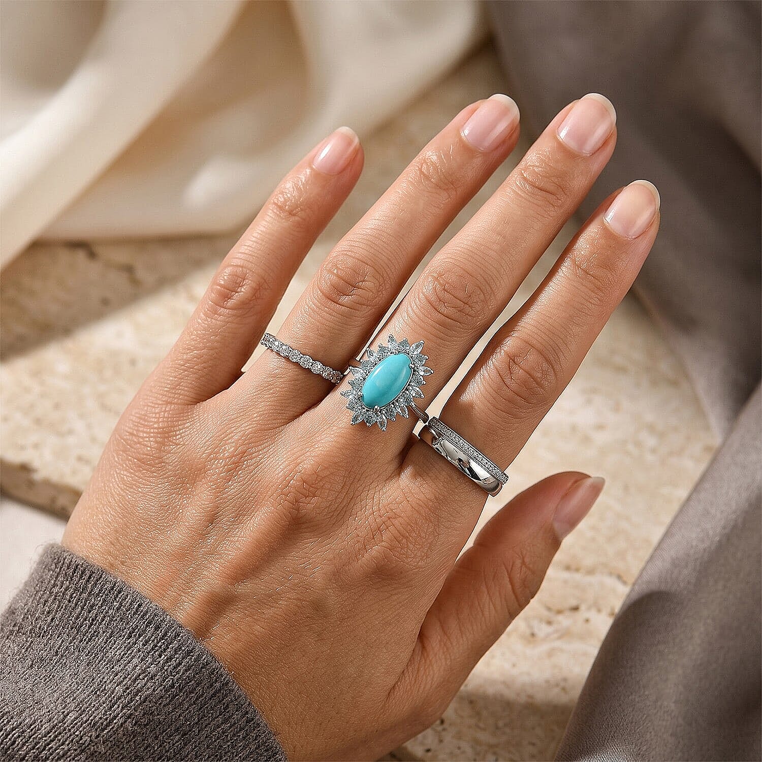D'Joy Sonoran Turquoise, Lagoon Apatite Ring in Rhodium Over Sterling Silver (Size 5.0) 4.75 ctw