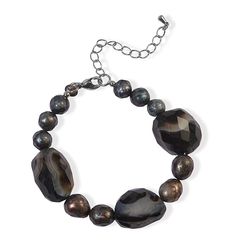 EverTrue Black Lace Agate and Pearl (D) 60.00 ctw Bracelet in Stainless Steel (7.25-9.25In)