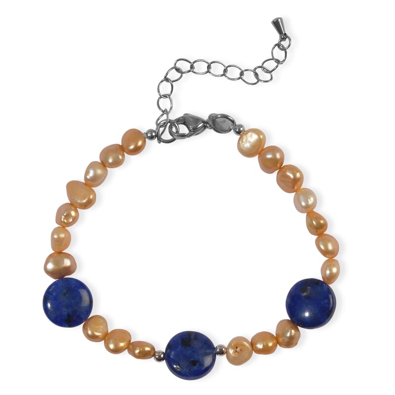 EverTrue Blue Jasper and Yellow Pearl (D) 20.00 ctw Bracelet in Stainless Steel (7.25-9.25In)