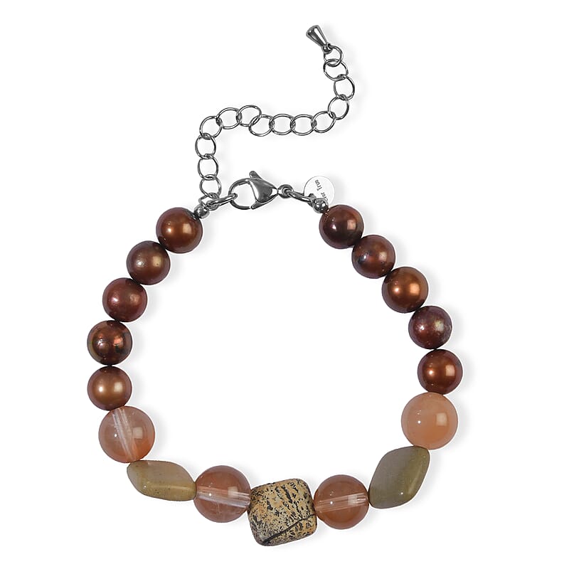 EverTrue Paintbrush Jasper, Lodolite and Brown Freshwater Pearl 50.00 ctw Bracelet in Stainless Steel (7.25-9.25In)