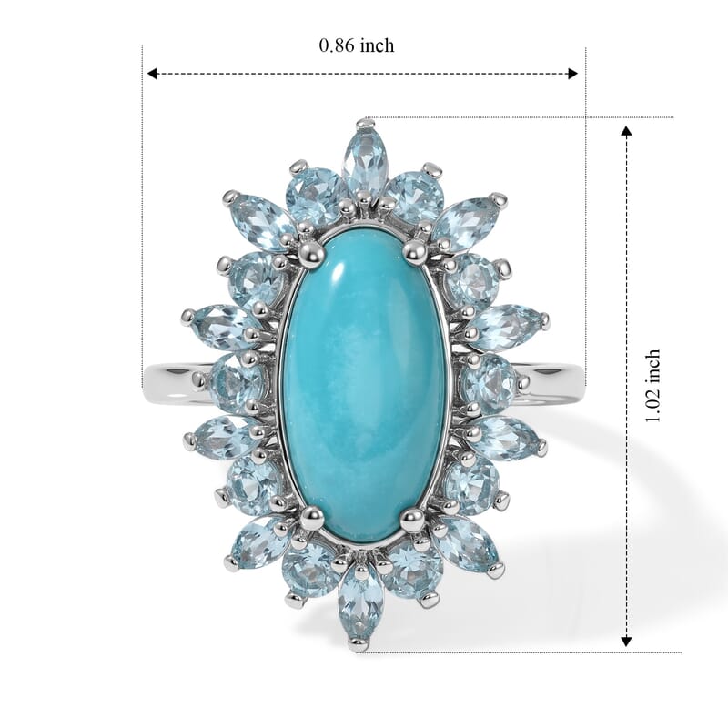 D'Joy Sonoran Turquoise and Lagoon Apatite 4.75 ctw Floral Spray Ring in Rhodium Over Sterling Silver (Size 6.0)