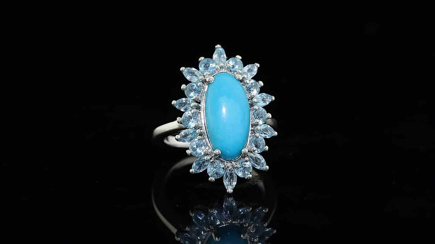 D'Joy Sonoran Turquoise, Lagoon Apatite Floral Spray Ring in Rhodium Over Sterling Silver (Size 10.0) 4.75 ctw