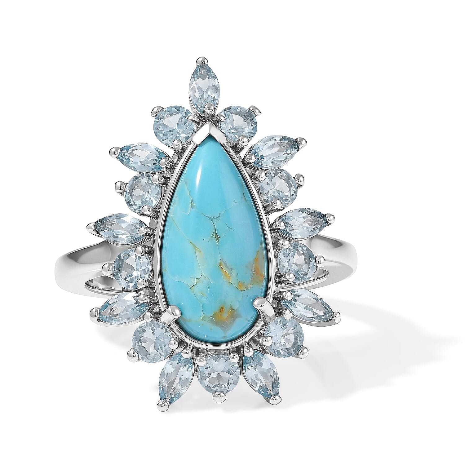D'Joy Sonoran Turquoise and Lagoon Apatite 4.20 ctw Floral Spray Ring in Rhodium Over Sterling Silver (Size 5.0)