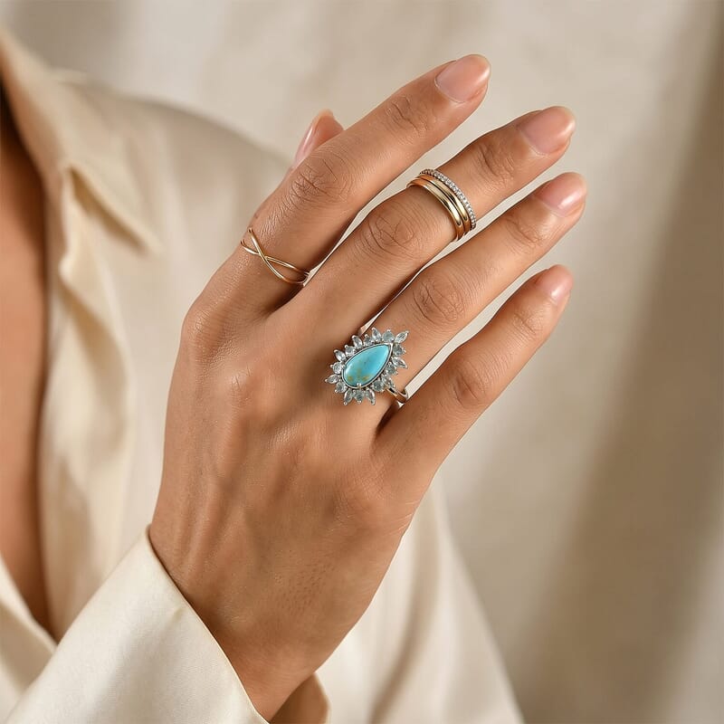 D'Joy Sonoran Turquoise and Lagoon Apatite 4.20 ctw Floral Spray Ring in Rhodium Over Sterling Silver (Size 5.0)