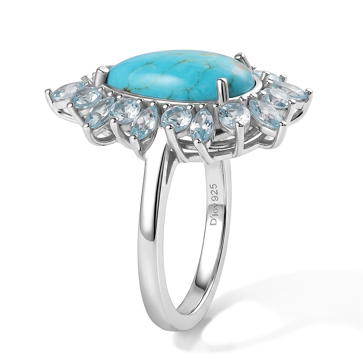 D'Joy Sonoran Turquoise and Lagoon Apatite 4.20 ctw Floral Spray Ring in Rhodium Over Sterling Silver (Size 5.0)