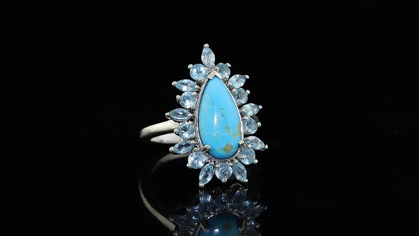 D'Joy Sonoran Turquoise, Lagoon Apatite Floral Spray Ring in Rhodium Over Sterling Silver (Size 10.0) 4.75 ctw