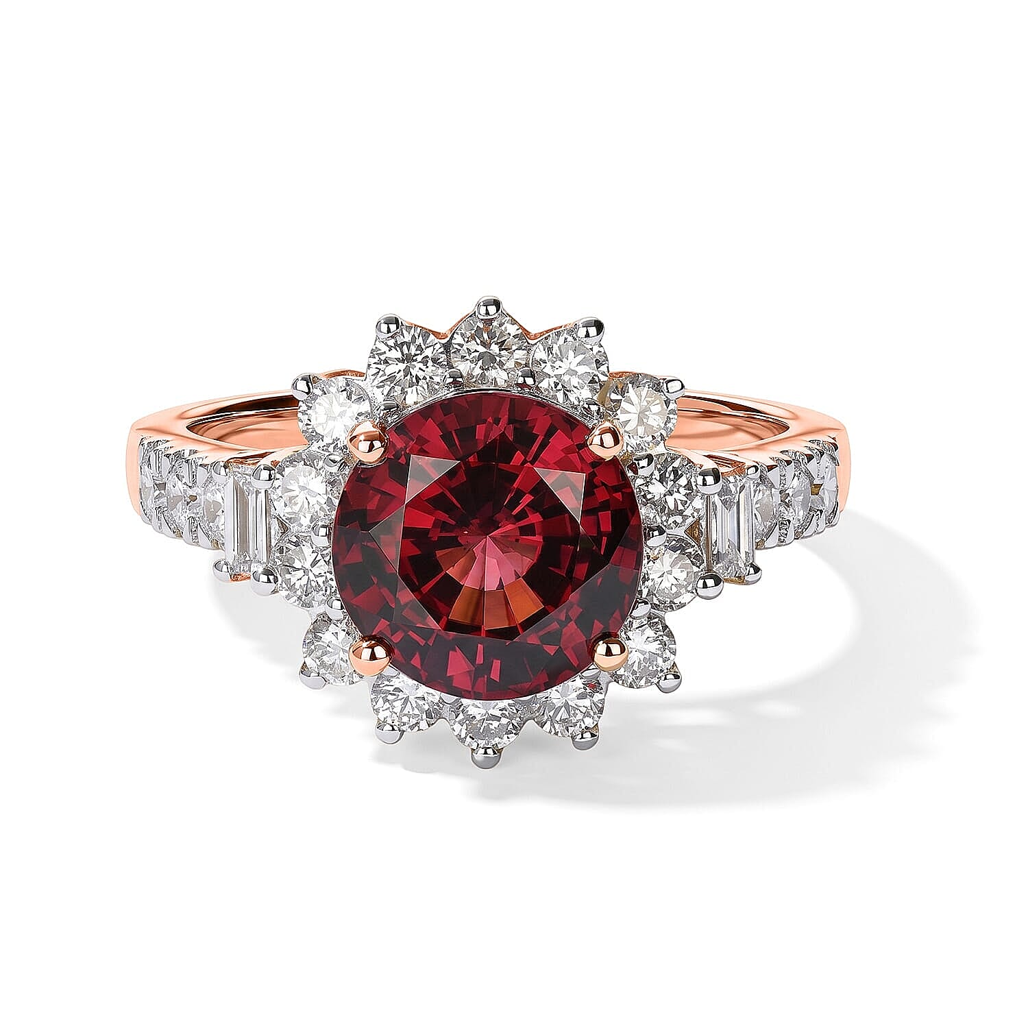 Certified and Appraised AAA Tanzanian Mahenge Garnet and Luxuriant Lab Grown Diamond G-H SI 3.50 ctw Ring in 10K Rose Gold (Size  5.0)