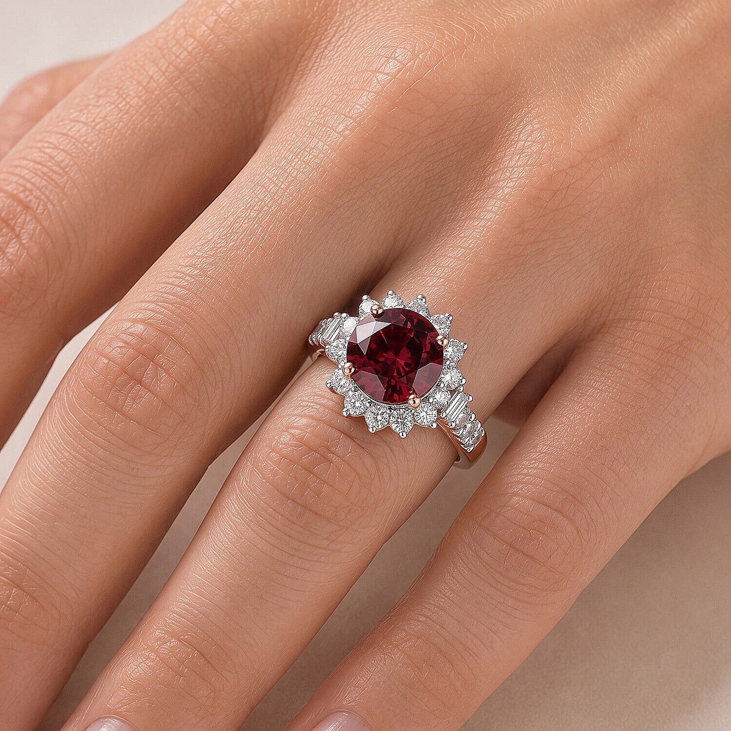 Certified and Appraised AAA Tanzanian Mahenge Garnet and Luxuriant Lab Grown Diamond G-H SI 3.50 ctw Ring in 10K Rose Gold (Size  5.0)