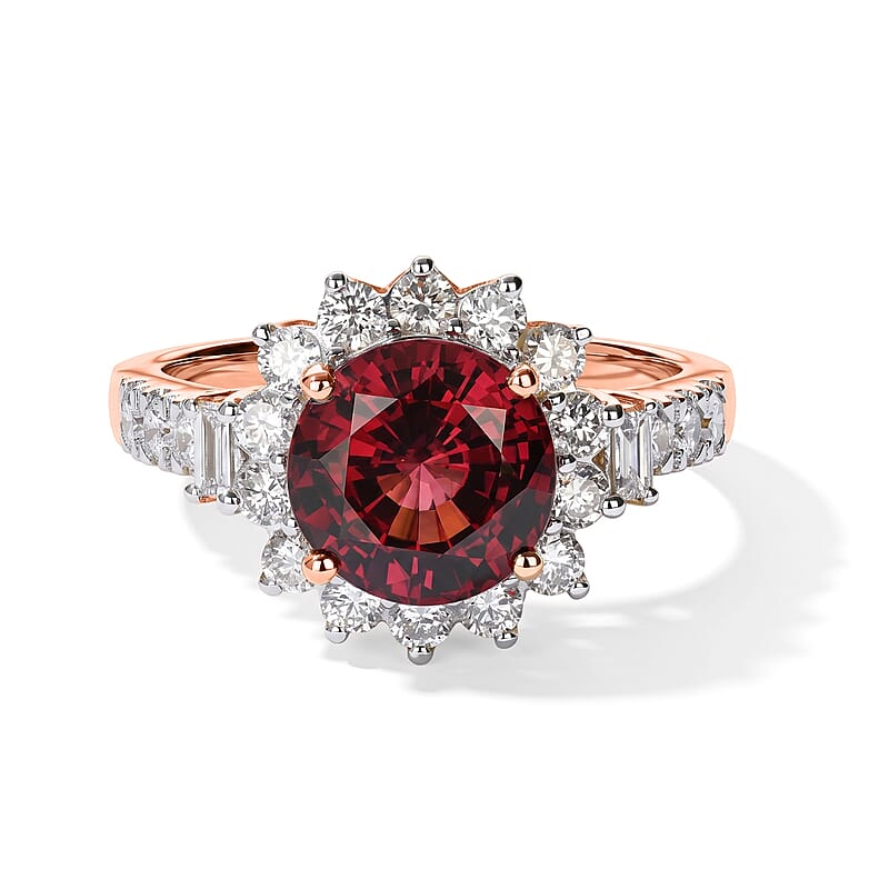 Certified and Appraised AAA Tanzanian Raspberry Garneta and Luxuriant Lab Grown Diamond G-H SI 3.50 ctw Ring in 10K Rose Gold (Size 6.0)