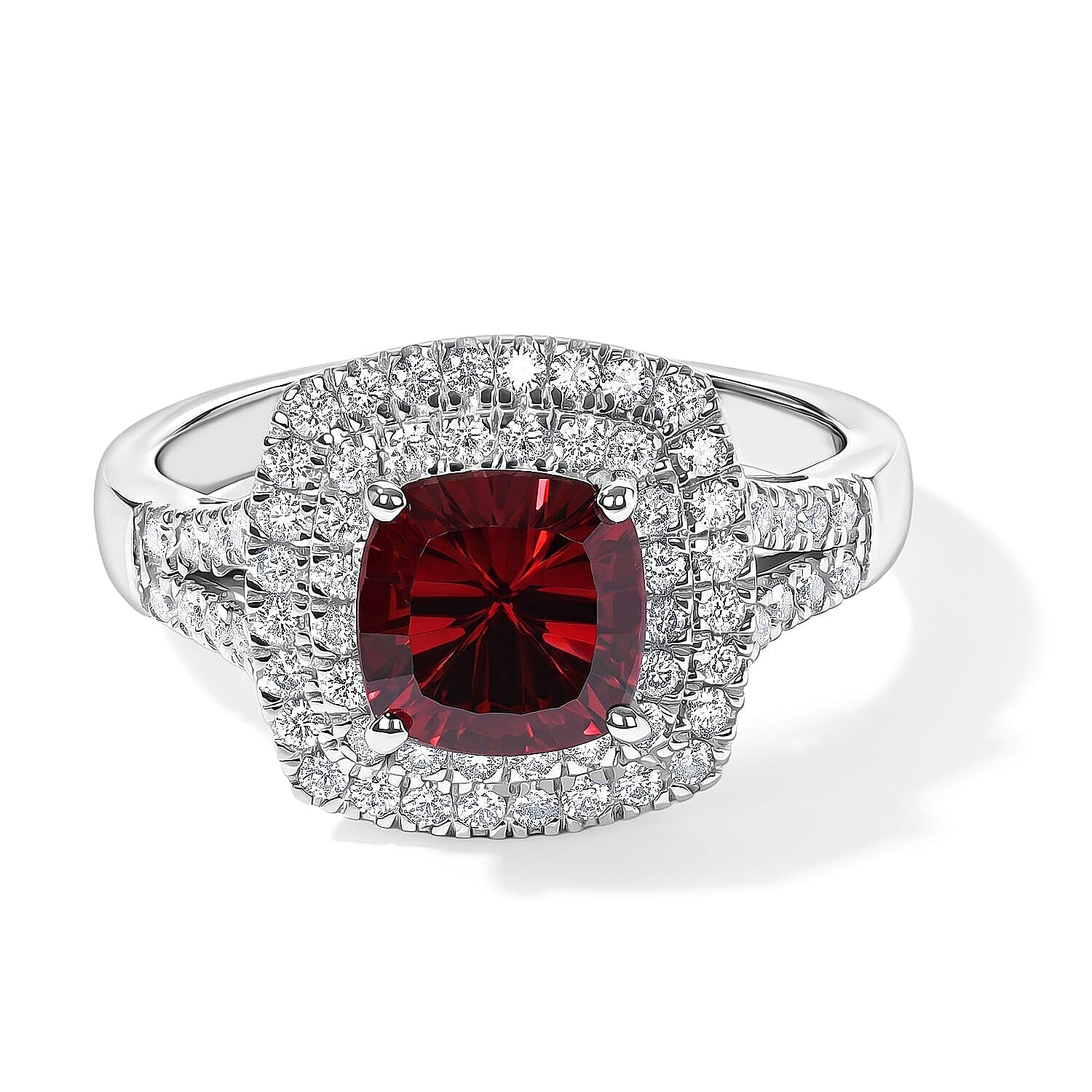 D'Joy Concave Cut Premium Tanzanian Raspberry Garnet, Moissanite Ring in Rhodium Over Sterling Silver (Size 5.0) 2.20 ctw