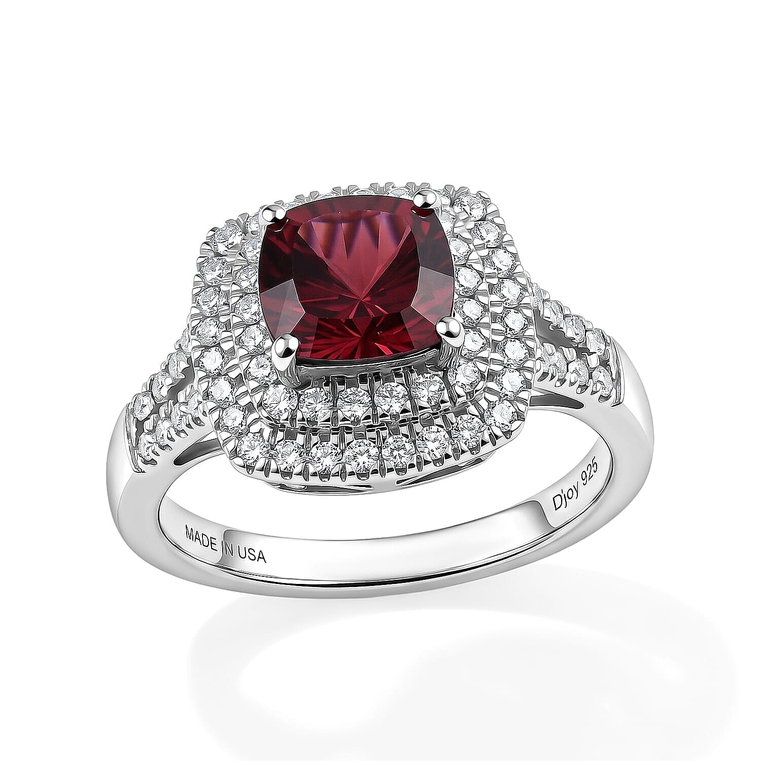 D'Joy Concave Cut Premium Tanzanian Raspberry Garnet, Moissanite Ring in Rhodium Over Sterling Silver (Size 5.0) 2.20 ctw