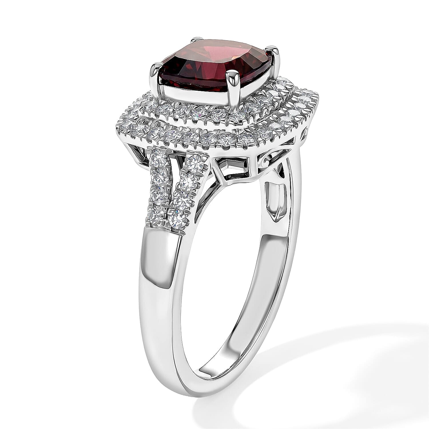 D'Joy Concave Cut Premium Tanzanian Raspberry Garnet, Moissanite Ring in Rhodium Over Sterling Silver (Size 5.0) 2.20 ctw