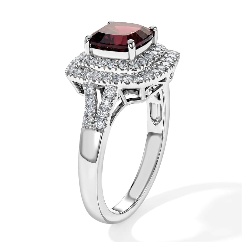 D'Joy Concave Cut Premium Tanzanian Raspberry Garnet, Moissanite Ring in Rhodium Over Sterling Silver (Size 5.0) 2.20 ctw