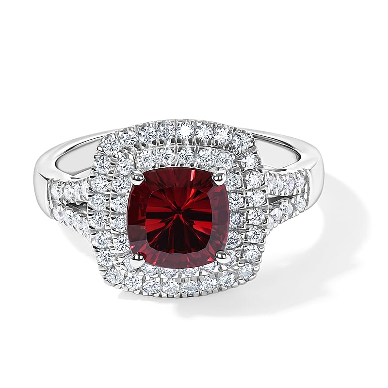 D'Joy Concave Cut Premium Tanzanian Raspberry Garnet and Moissanite 2.20 ctw Ring in Rhodium Over Sterling Silver (Size 6.0)