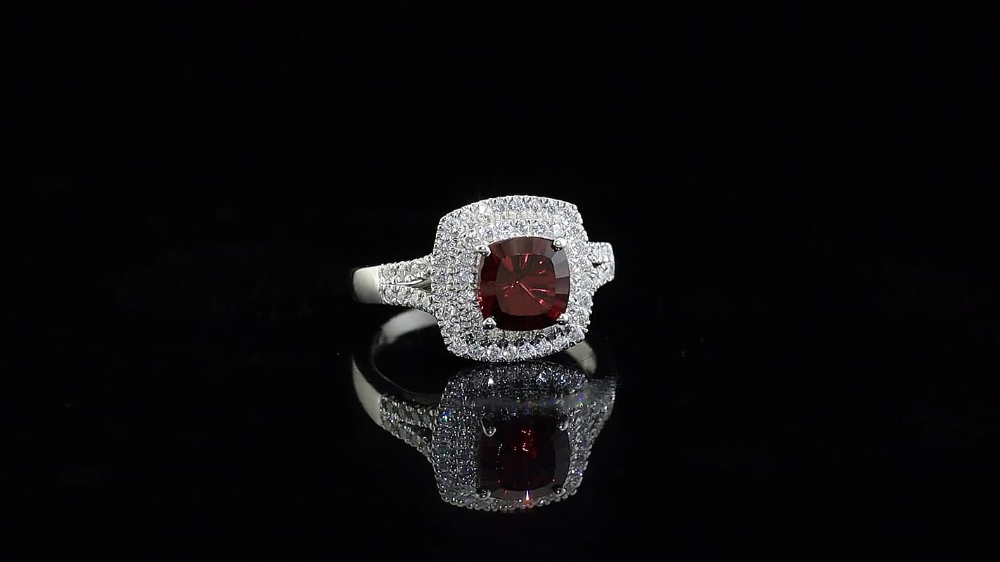D''Joy Concave Cut Premium Tanzanian Raspberry Garnet, Moissanite Ring in Rhodium Over Sterling Silver (Size 10.0) 2.20 ctw