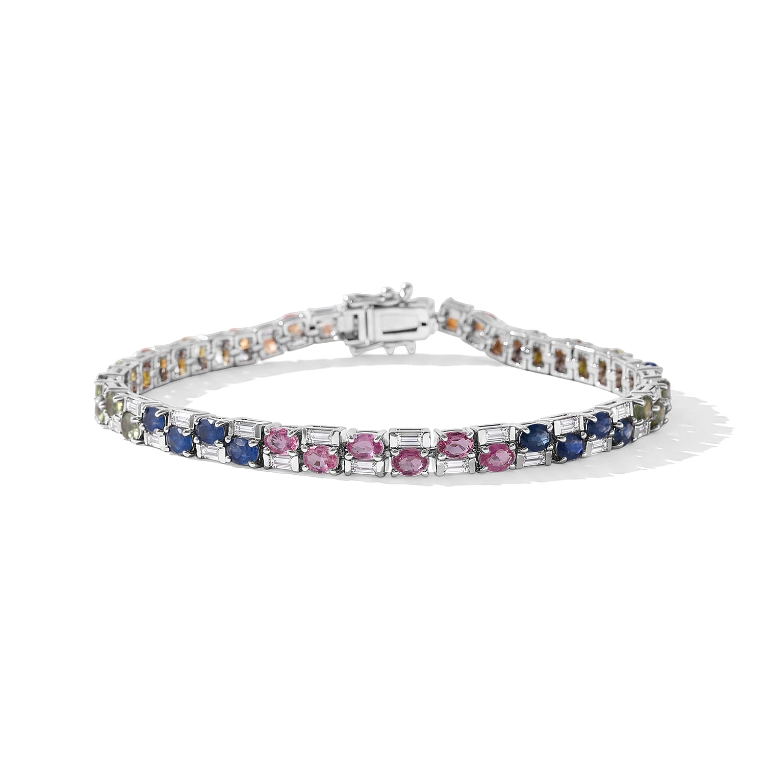 GP Premium Rainbow Sapphire and Multi Gemstone 10.80 ctw Bracelet in Rhodium Over Sterling Silver (6.50 In)